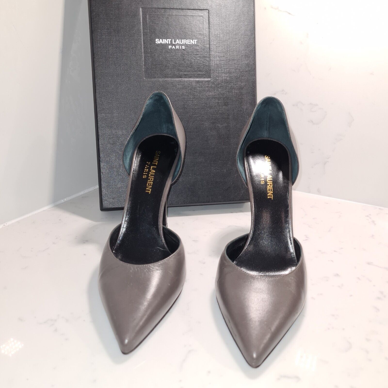 Preowned Saint Laurent Grey Leather D'Orsay 105 Pumps Size 38