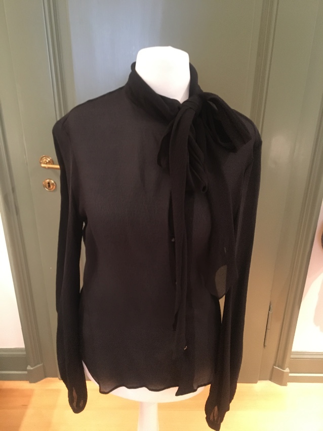 Preowned Hermes Silk Crepe Pussy Bow Blouse Size S Black