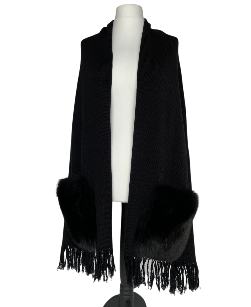 FurbySD black merino wool fox fur pockets shawl