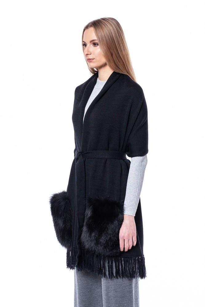 FurbySD black merino wool fox fur pockets shawl