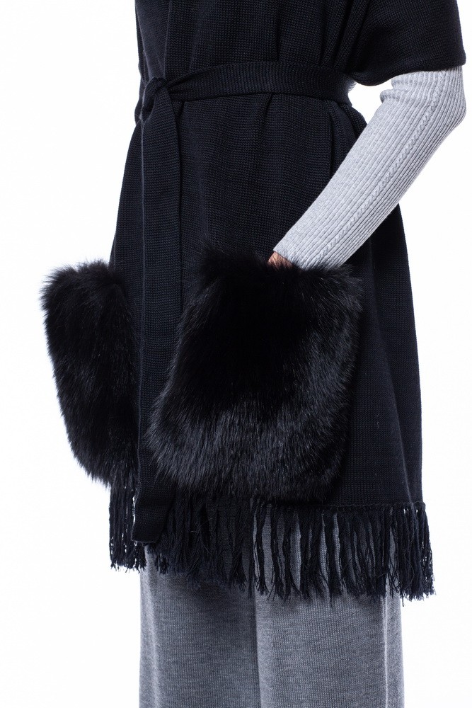 FurbySD black merino wool fox fur pockets shawl