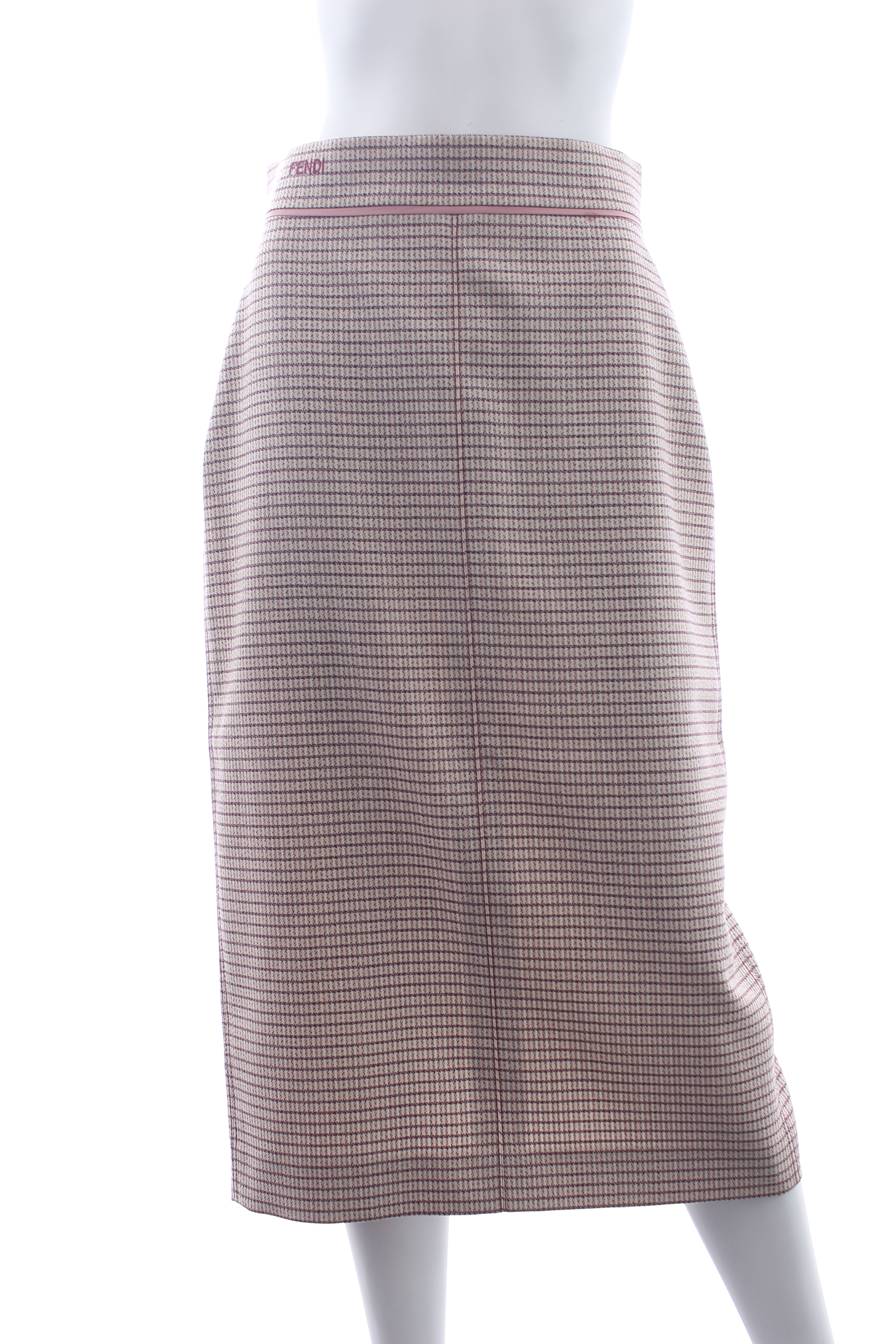 Preowned Fendi Micro Check Wool Midi Skirt Size M Pink virgin wool/elastane/polyamide