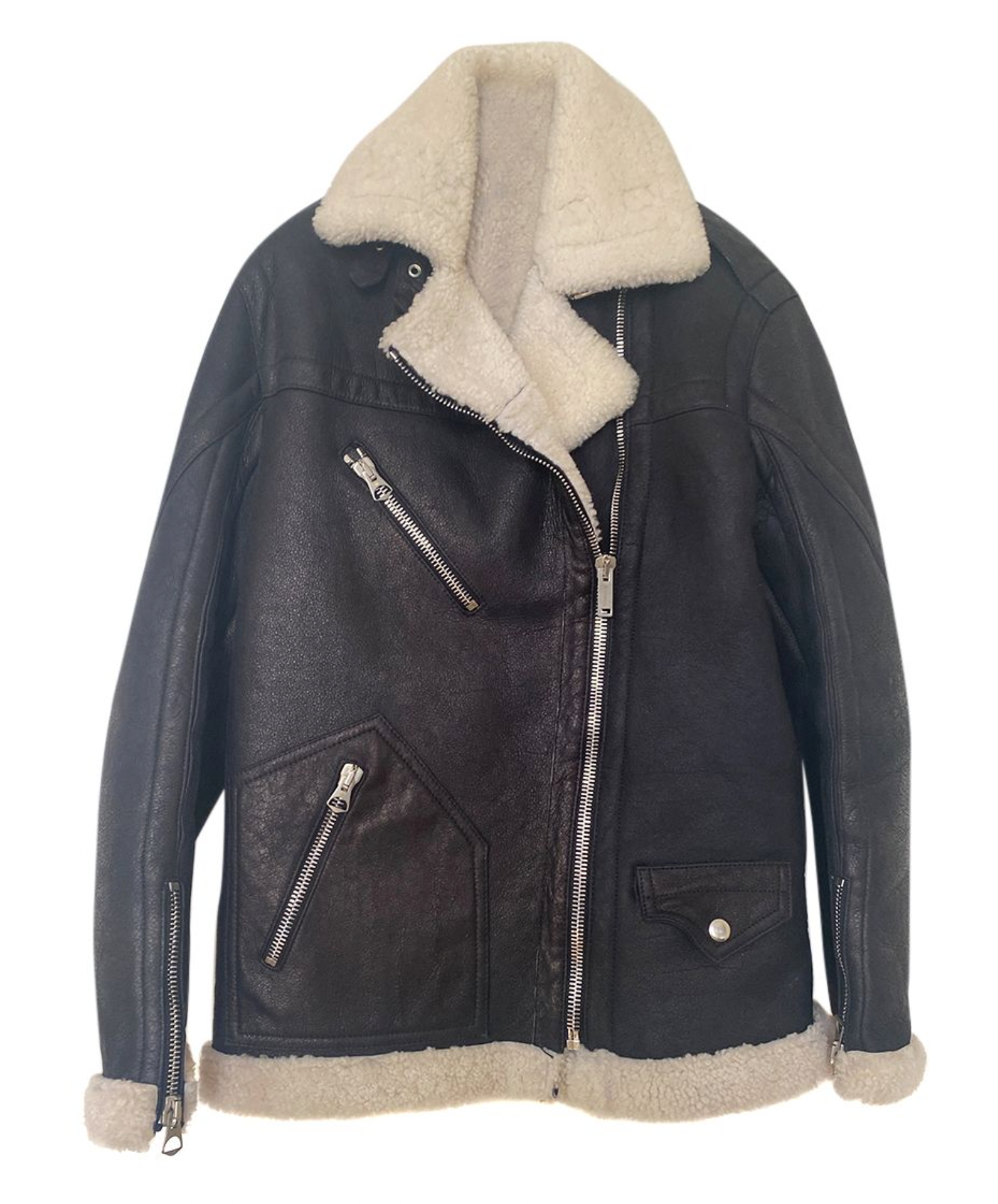 Preowned Golden Goose Shearling Lined Aviator Jacket Size M Black