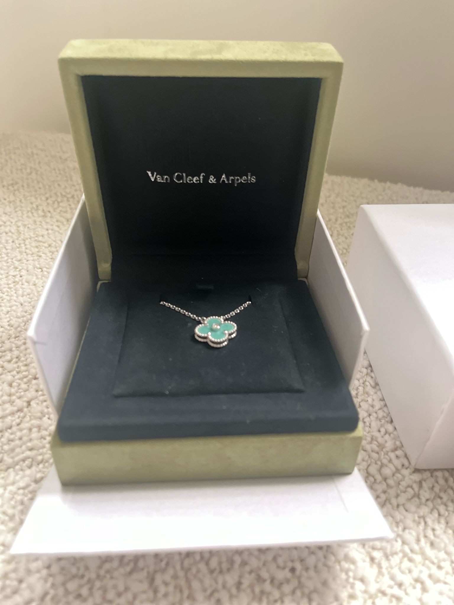 Van Cleef  Arpels White Gold Celadon Green Alhambra 2023 Holiday Pendant Blue white gold/celadon green