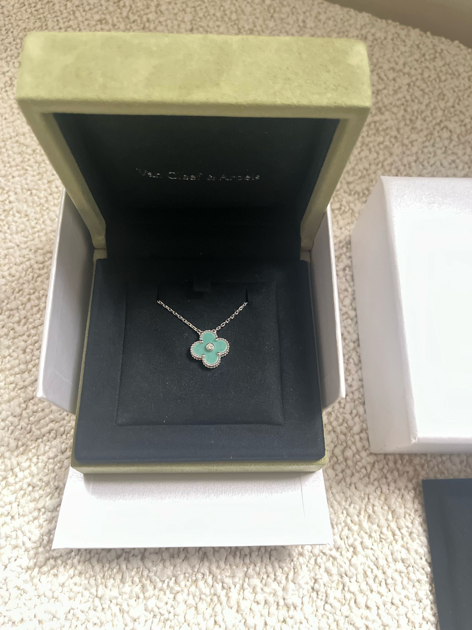 Van Cleef  Arpels White Gold Celadon Green Alhambra 2023 Holiday Pendant Blue white gold/celadon green