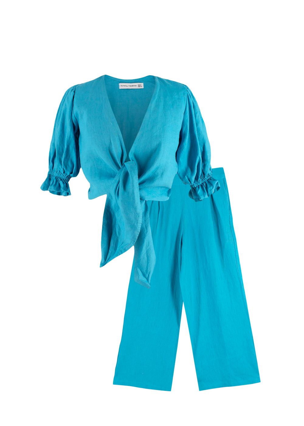 Preowned Faithful the Brand Turquoise Linen Trousers and Blouse Set Size XS