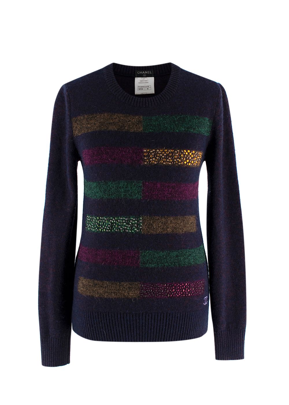 Preowned Chanel Multicoloured Crystal Embellished Striped Jumper Size S Purple wool/polyester/nylon