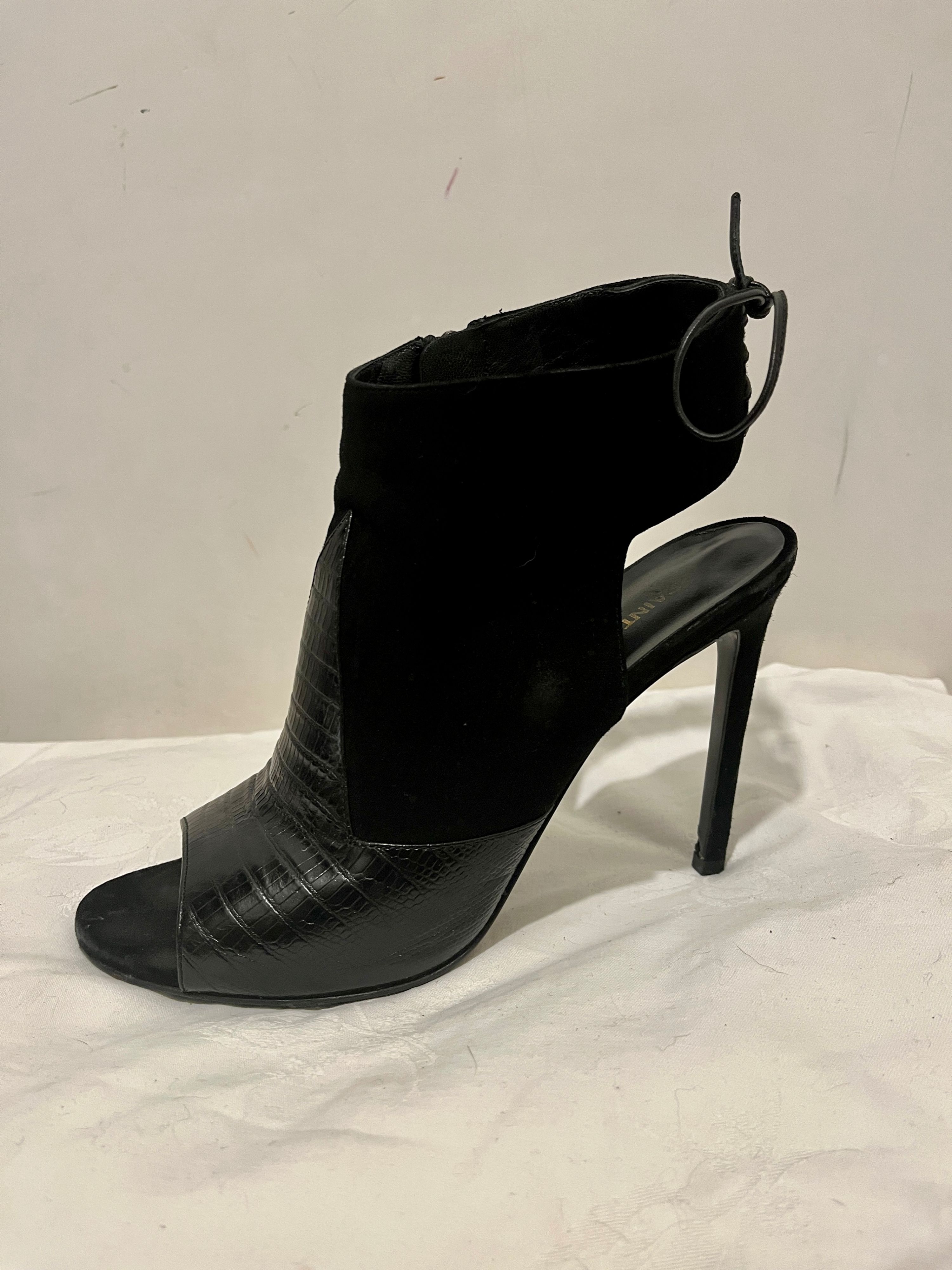 Preowned Saint Laurent black embossed croc leather  suede Jane heeled booties Size 375