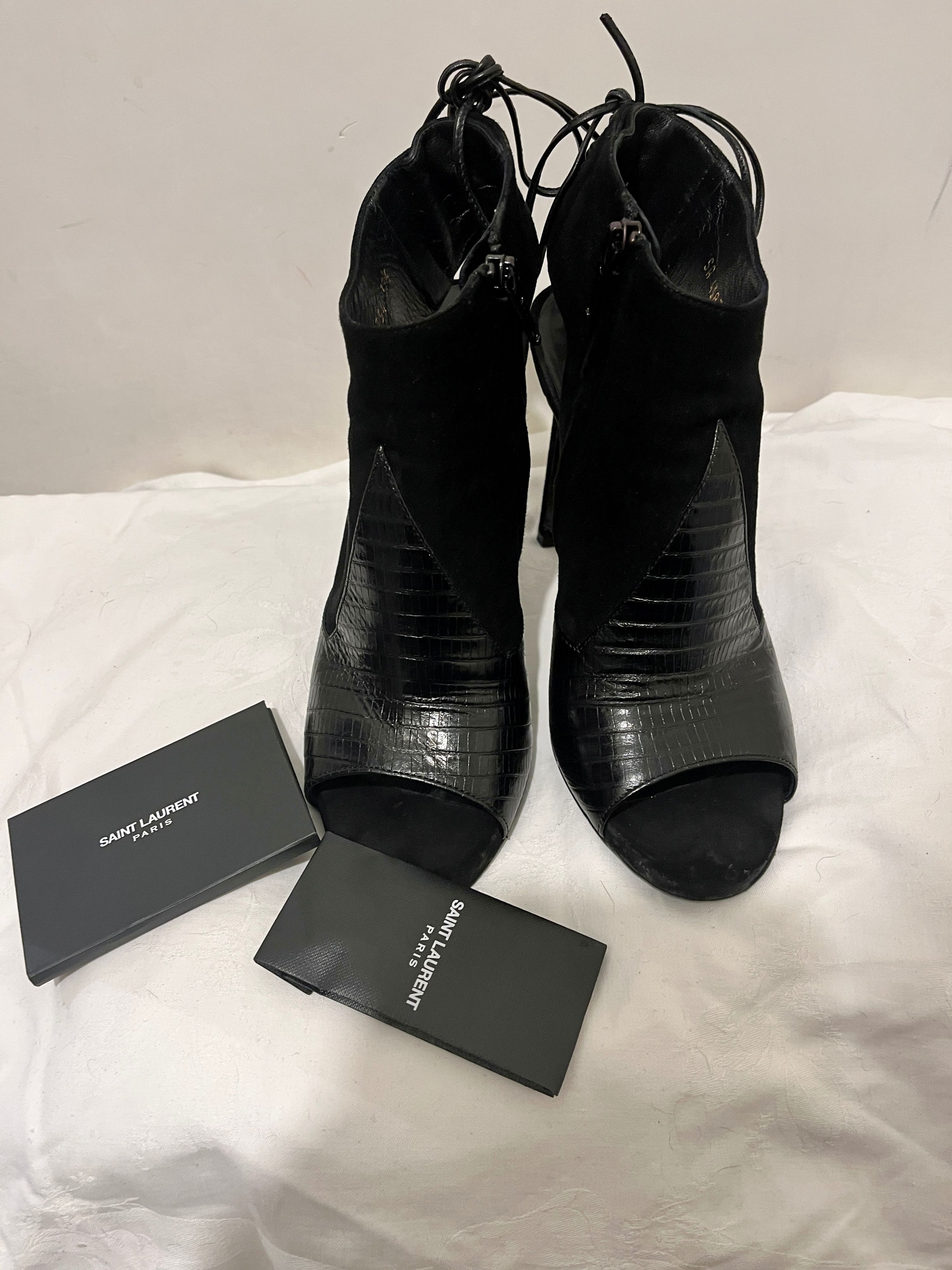 Preowned Saint Laurent black embossed croc leather  suede Jane heeled booties Size 375