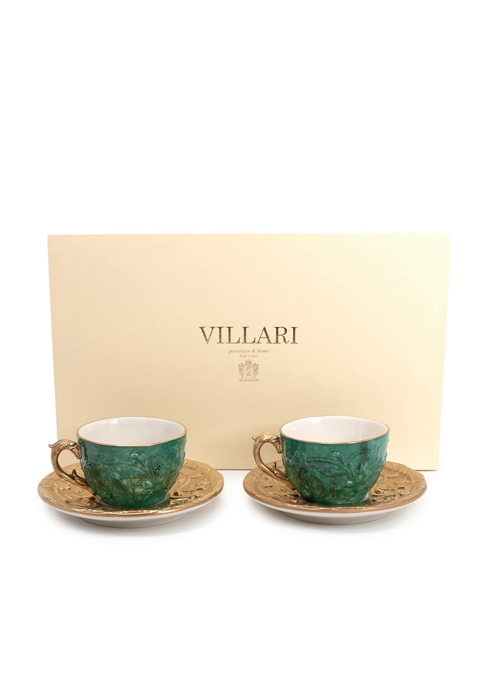 Men's Villari Emerald Green and Gold Porcelain Tea Cup and Saucer Set gold emerald green