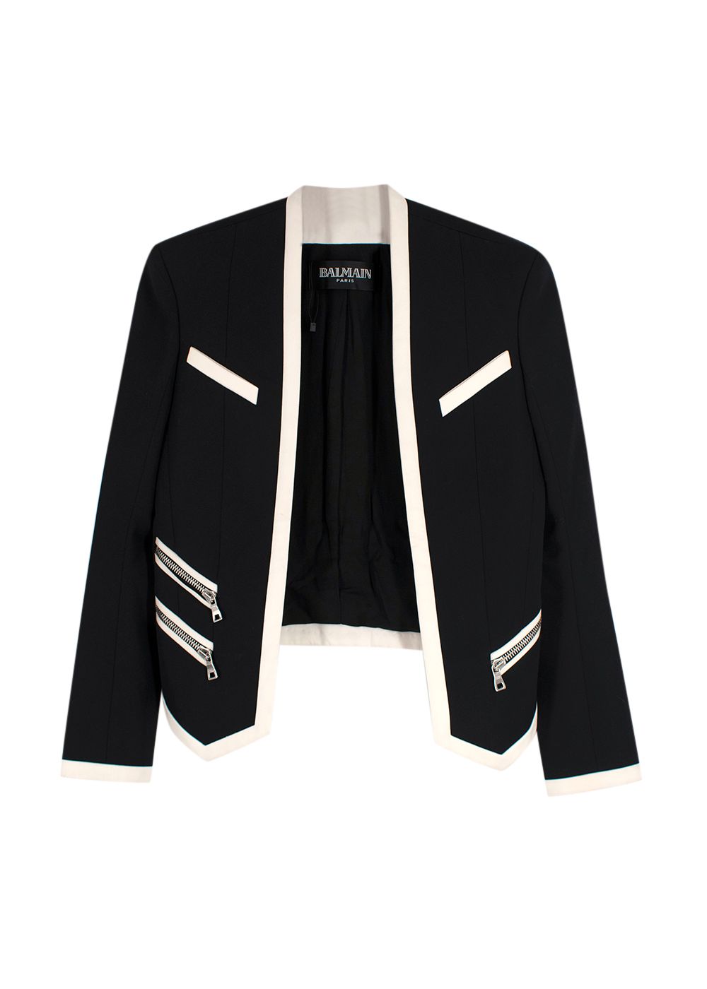 Balmain Black and Cream Cropped Wool Blazer Size XS Black Cream