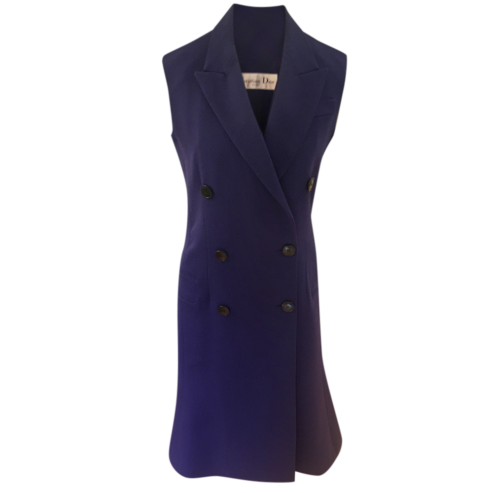 Preowned Christian Dior Blue Vintage Sleeveless Tailored Dress Coat Size XS wool