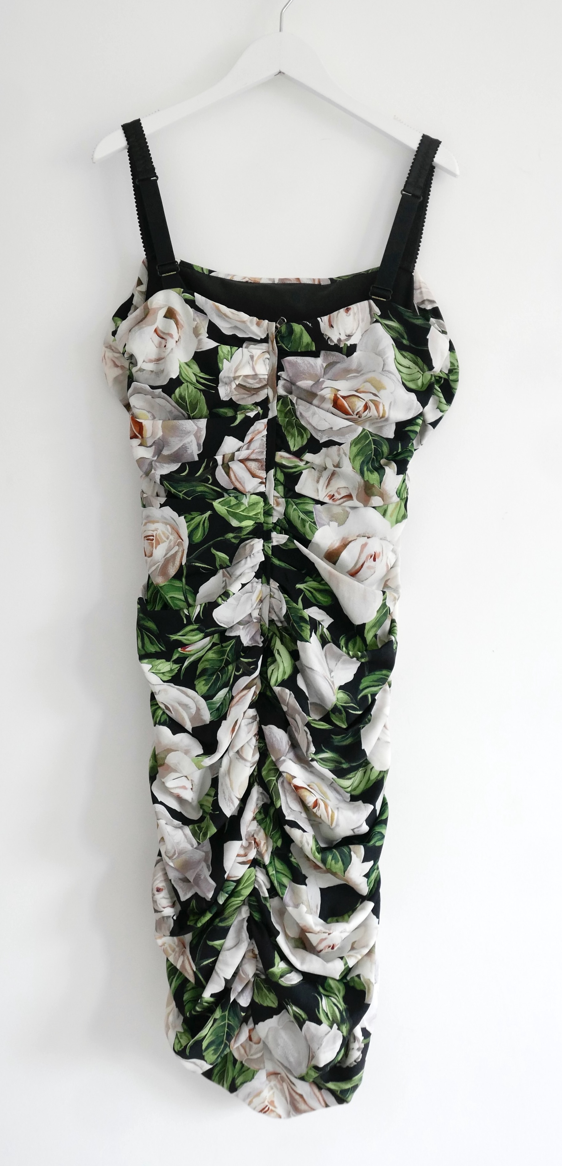 Dolce  Gabbana Floral Ruched Midi Dress Size L White silk