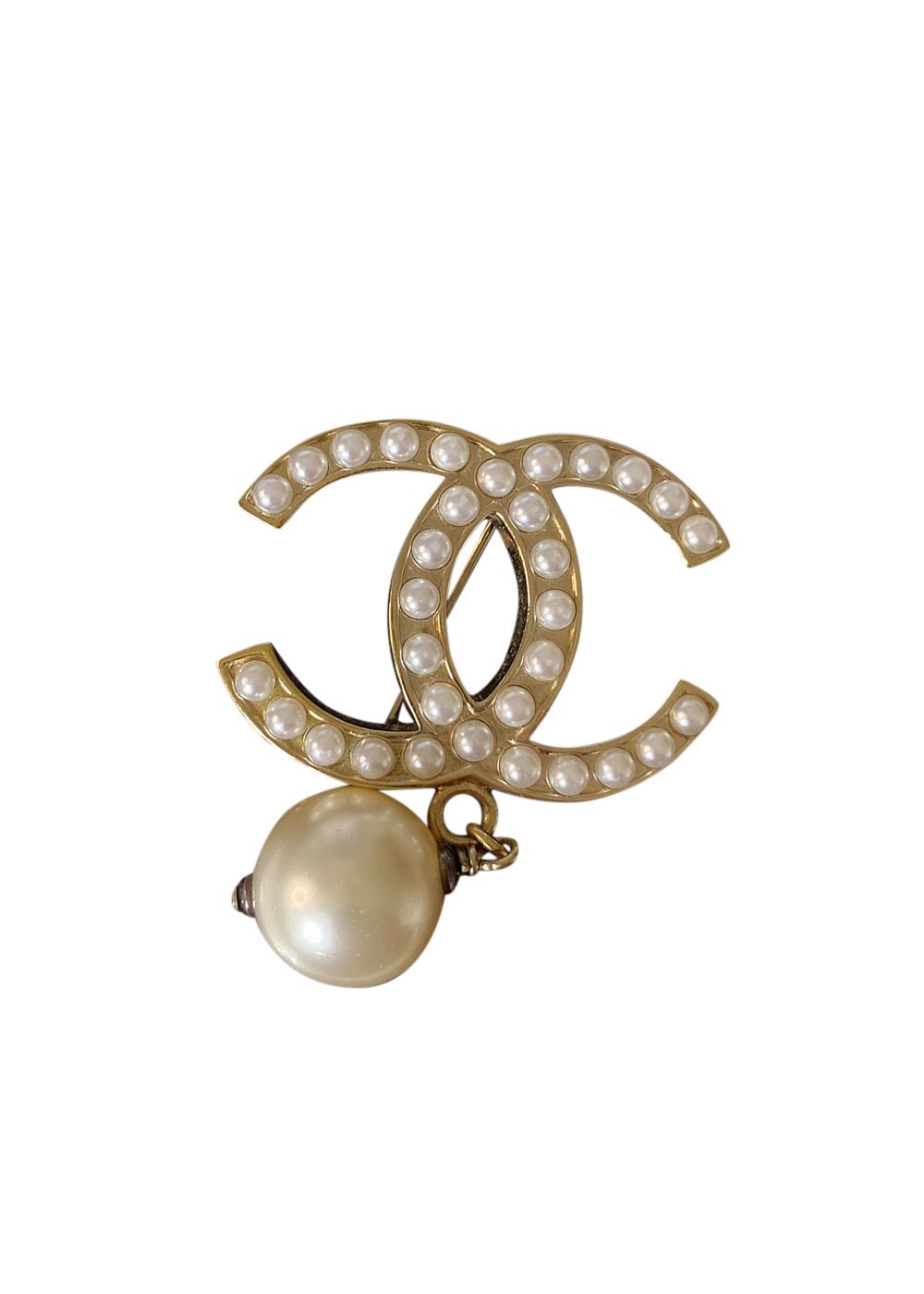 Preowned Chanel CC Faux Pearl Embellished Gold Tone Brooch Size S metallic plated resin