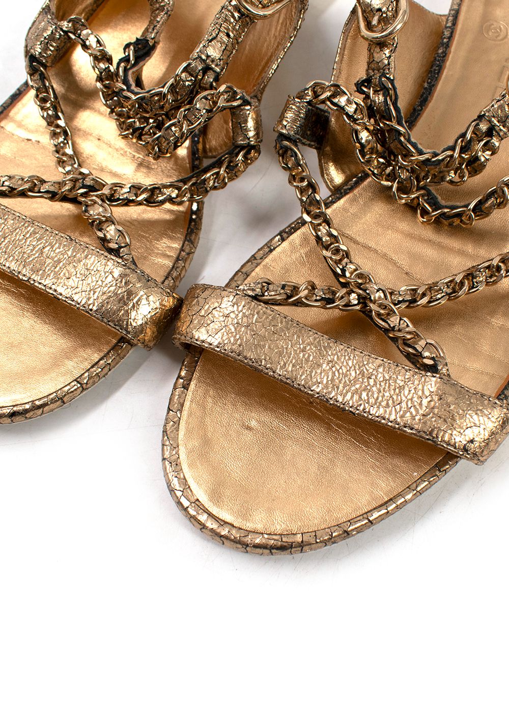 Preowned Chanel Metallic Gold Leather Chain Detail Sandals Size 405