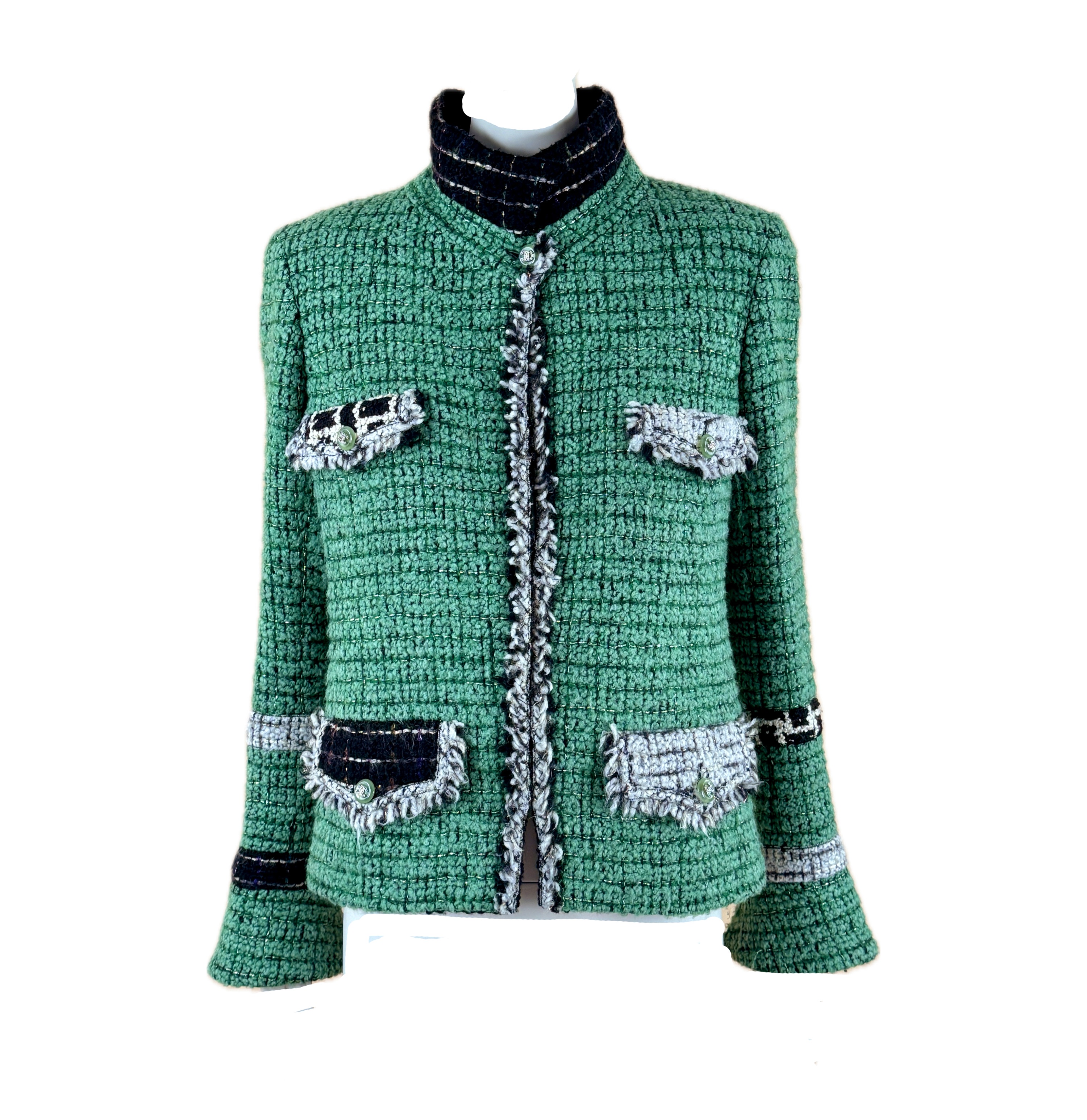 Chanel Green Tweed Multi Pocket Jacket Size M