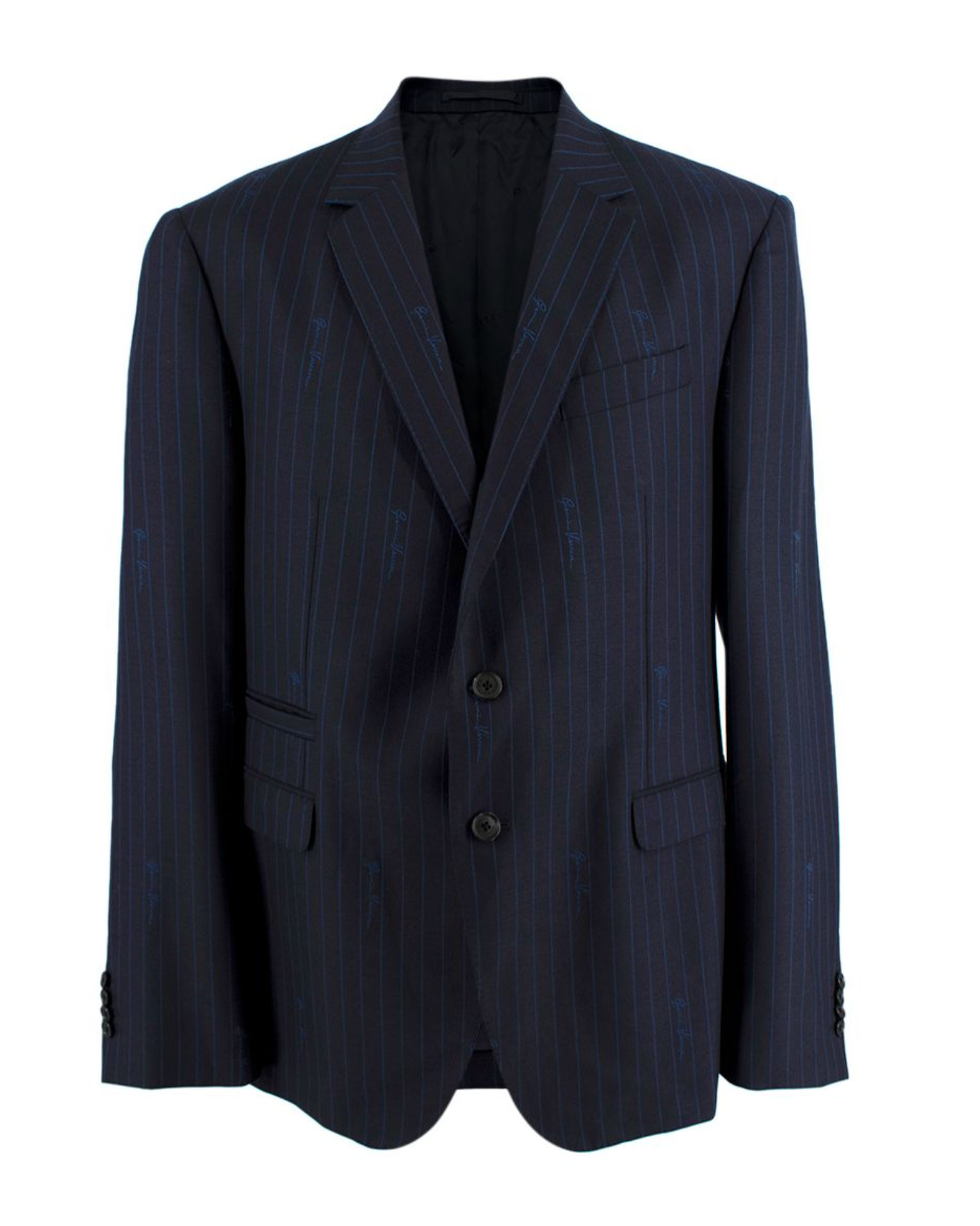 Men's Versace Navy Pinstripe Logo Script Blazer Size XXXL wool