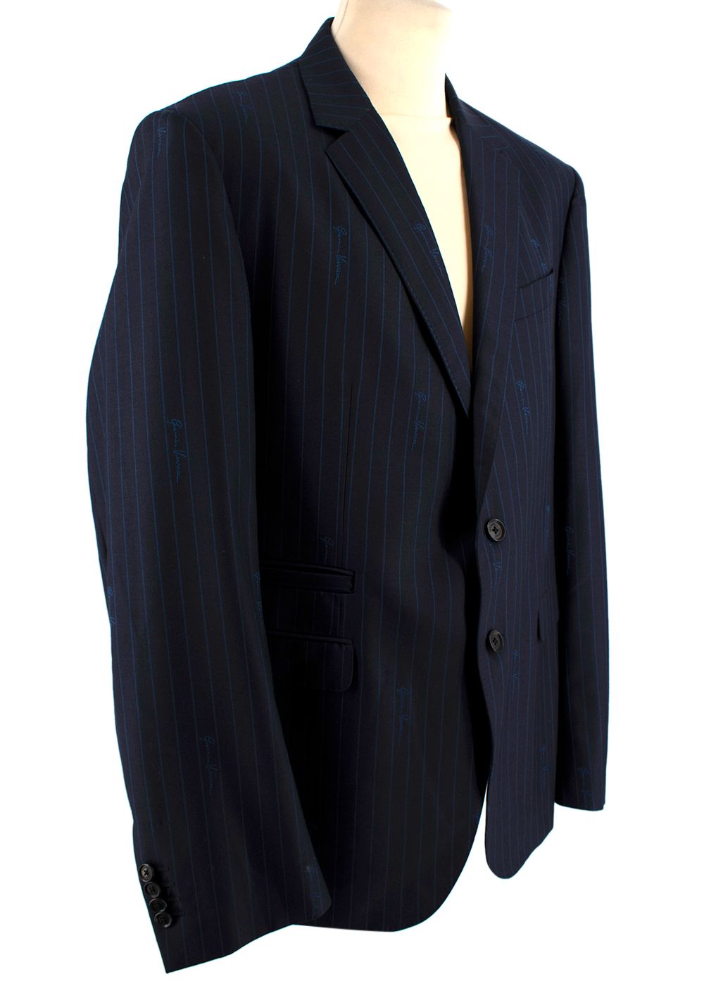 Men's Versace Navy Pinstripe Logo Script Blazer Size XXXL wool