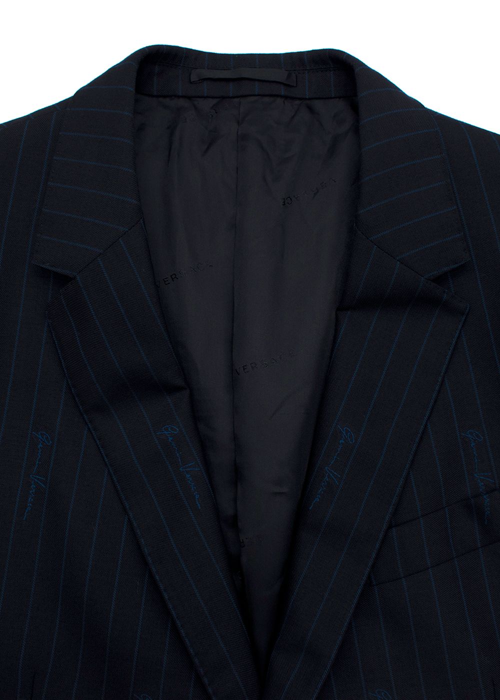 Men's Versace Navy Pinstripe Logo Script Blazer Size XXXL wool