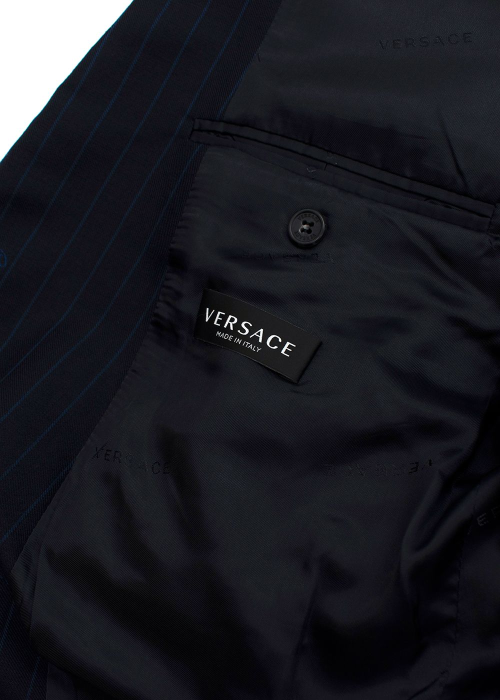 Men's Versace Navy Pinstripe Logo Script Blazer Size XXXL wool