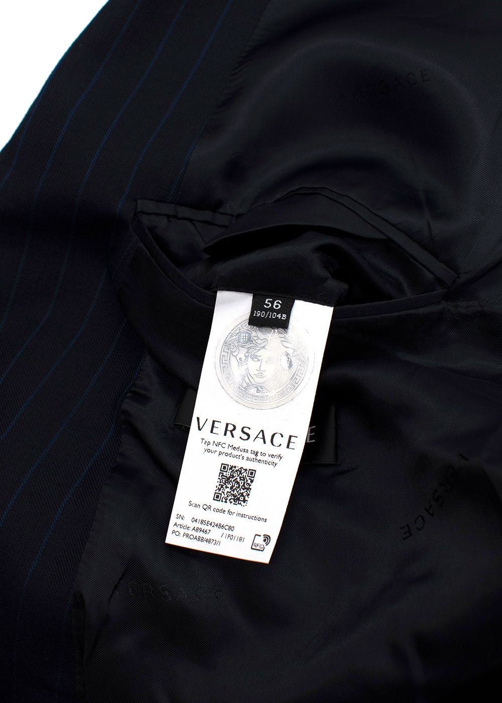 Men's Versace Navy Pinstripe Logo Script Blazer Size XXXL wool