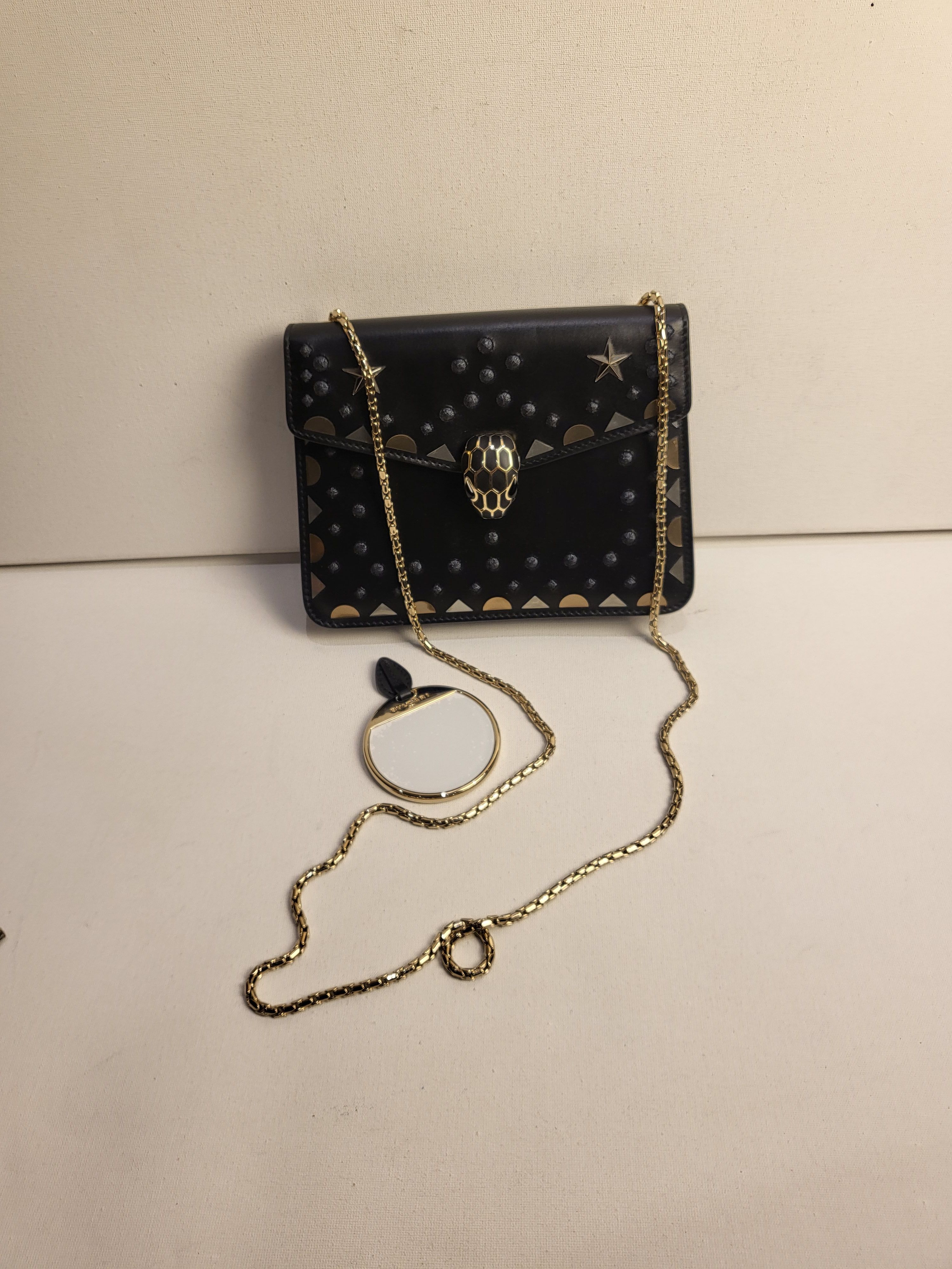 Preowned Bvlgari Black Serpenti Forever Studded Wallet on Chain leather