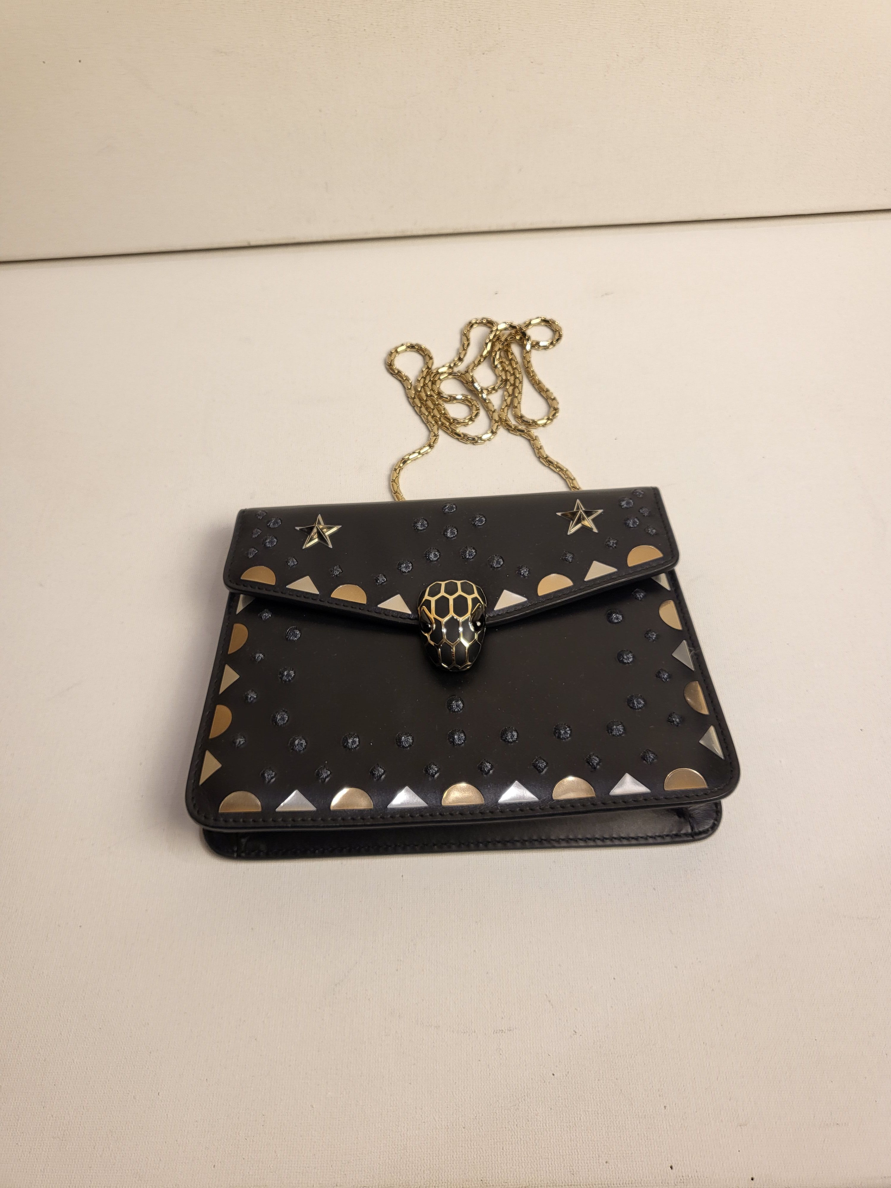 Preowned Bvlgari Black Serpenti Forever Studded Wallet on Chain leather