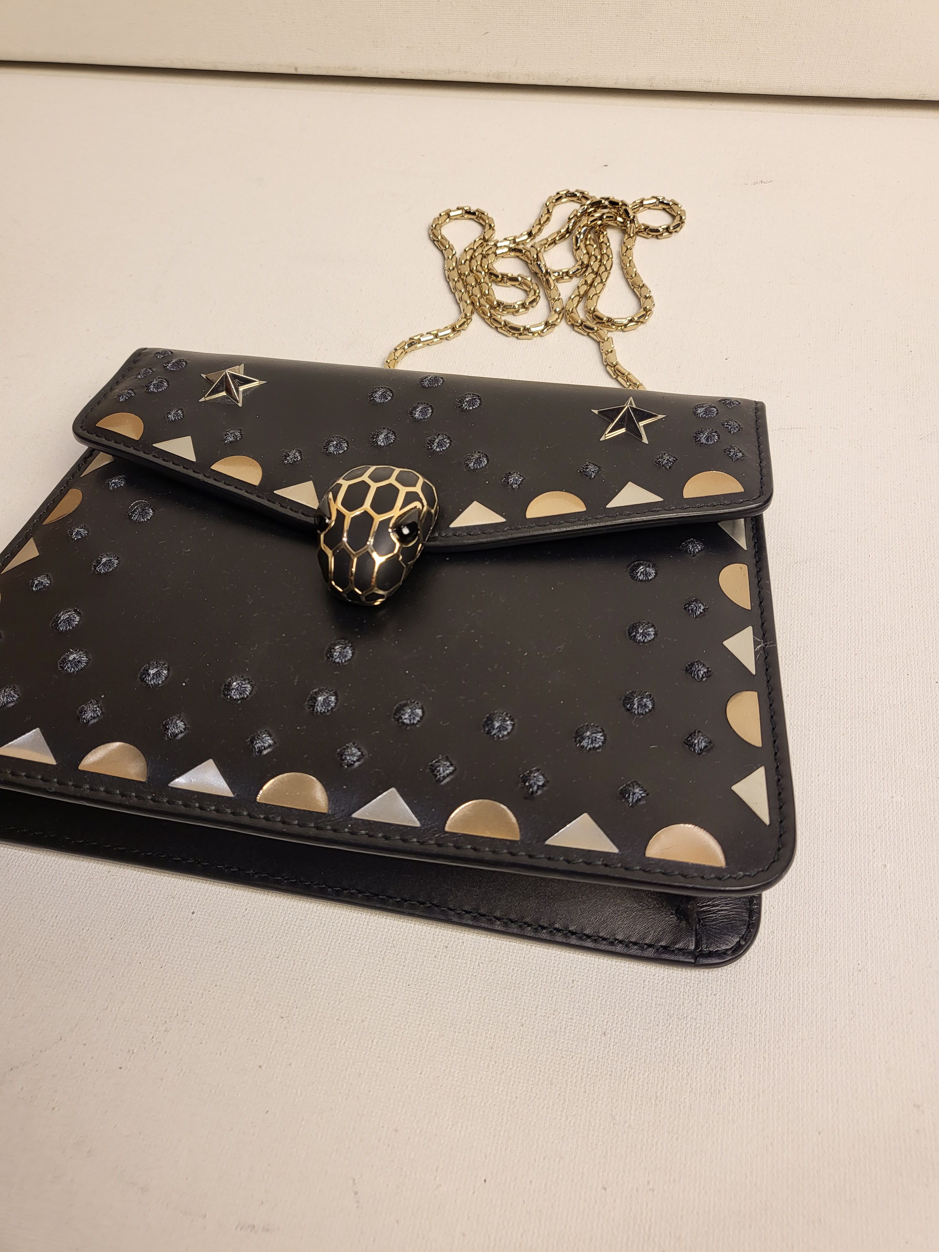 Preowned Bvlgari Black Serpenti Forever Studded Wallet on Chain leather