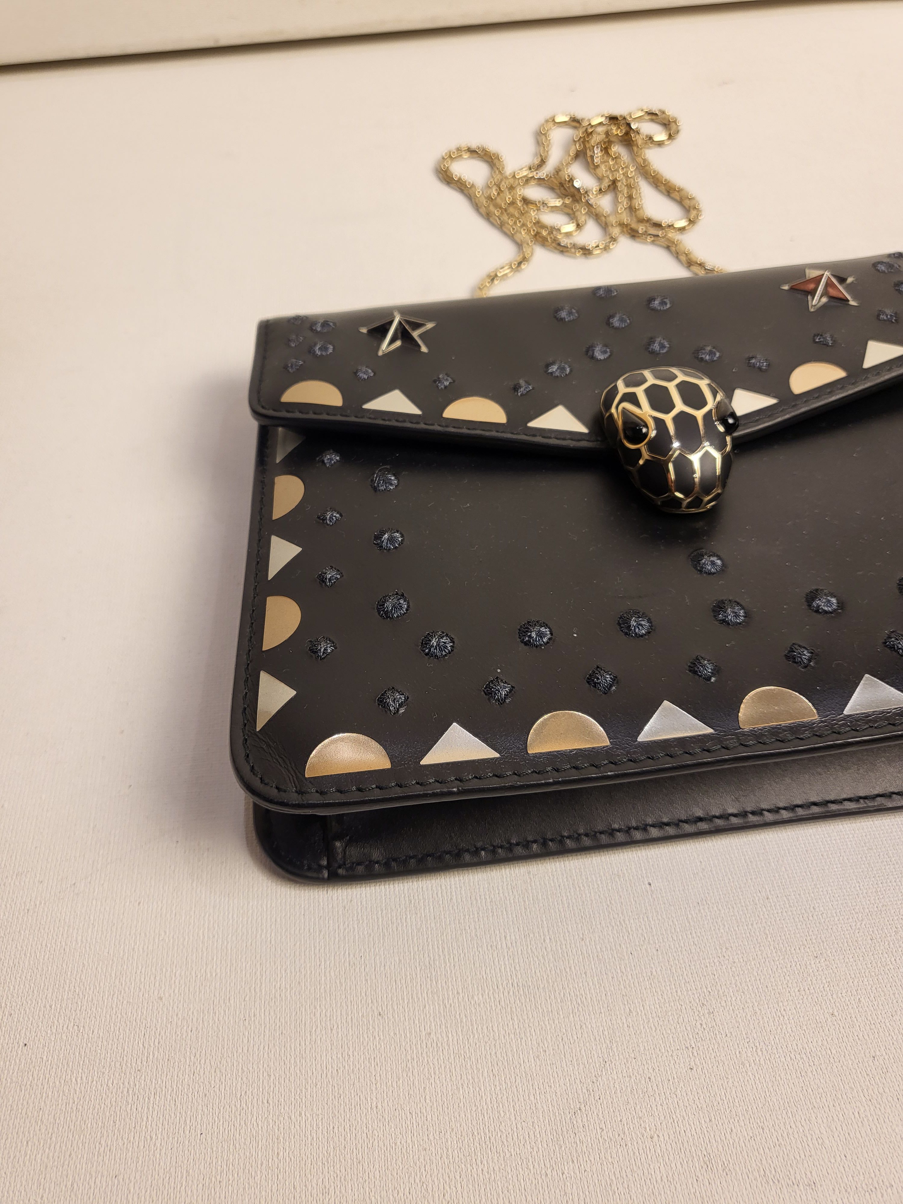 Preowned Bvlgari Black Serpenti Forever Studded Wallet on Chain leather