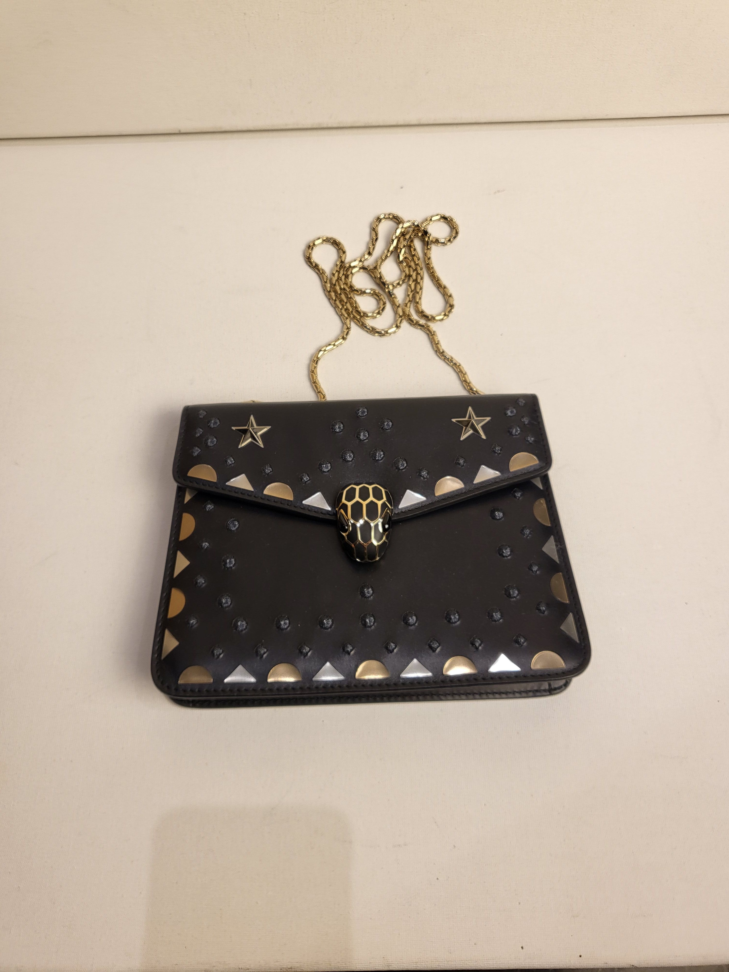 Preowned Bvlgari Black Serpenti Forever Studded Wallet on Chain leather