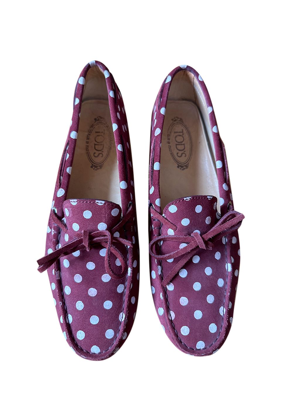 Preowned Polka Dot Suede Driving Mocassins Size 41 Dark red and burgundy