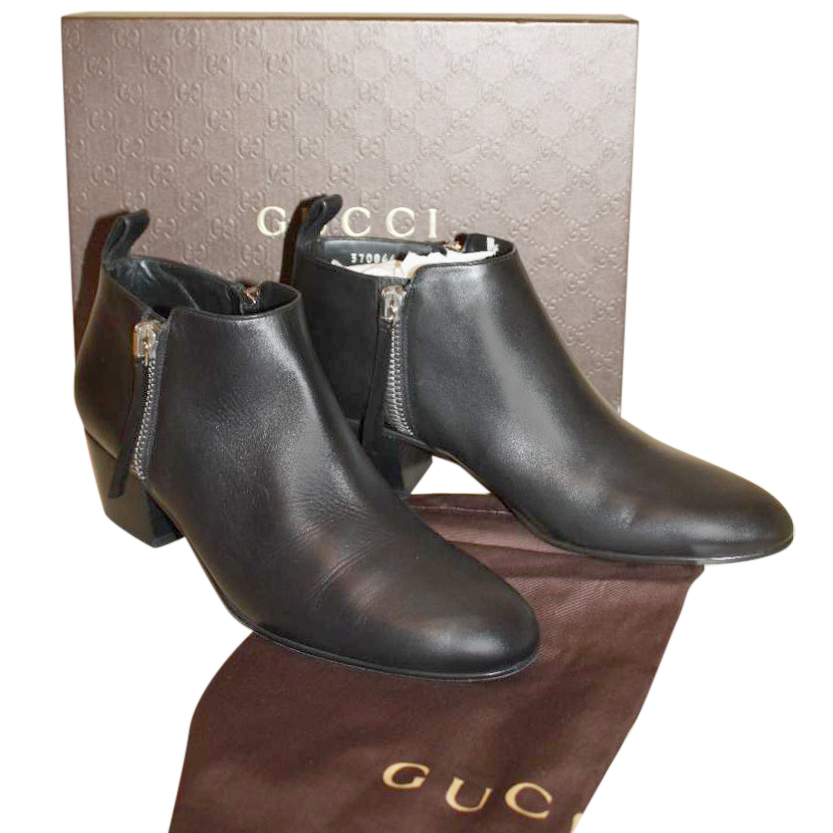 Gucci Black Low Block Heel Ankle Boots Size 40 leather