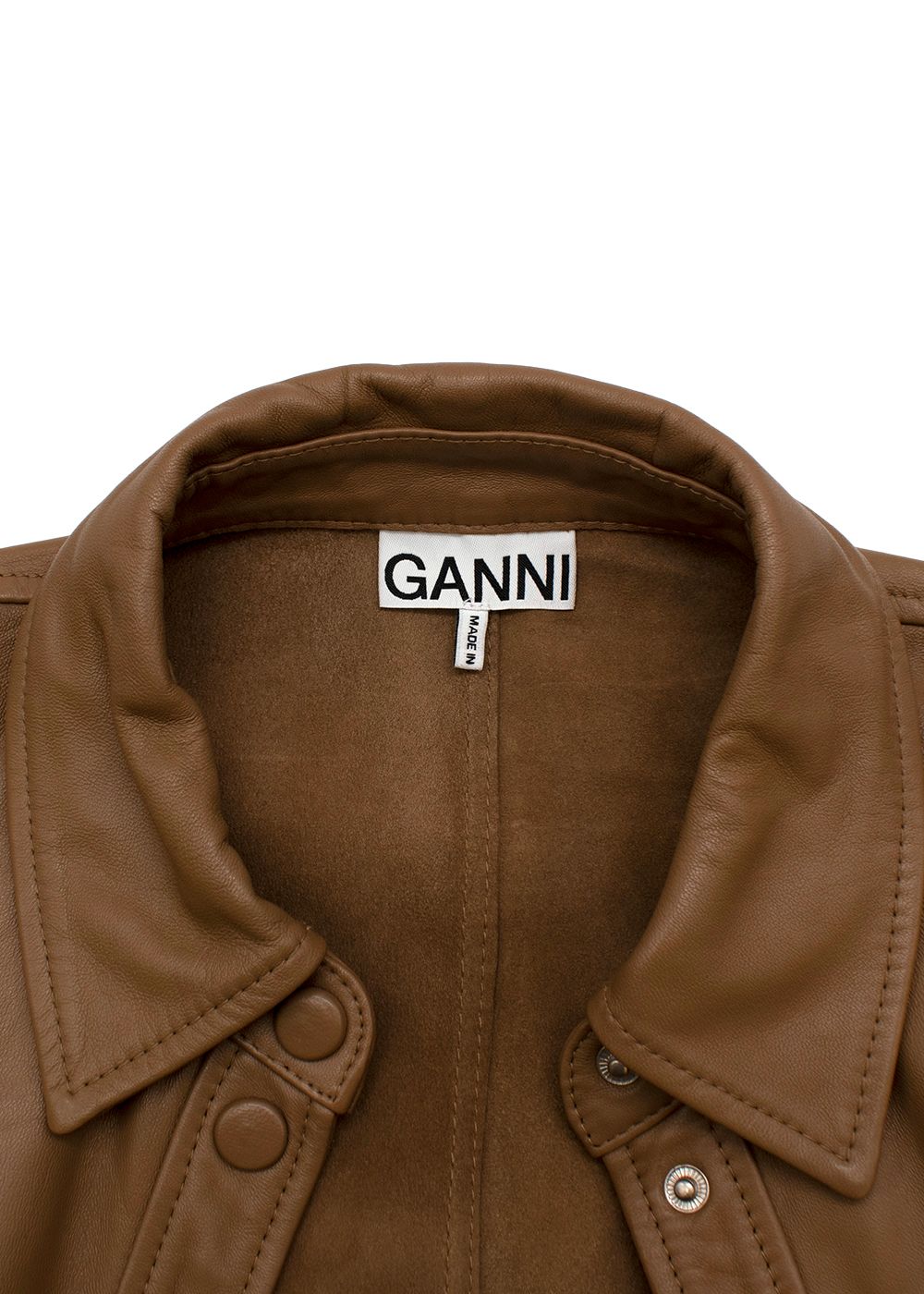 Ganni Camel Leather Shirt Dress Size S Tan