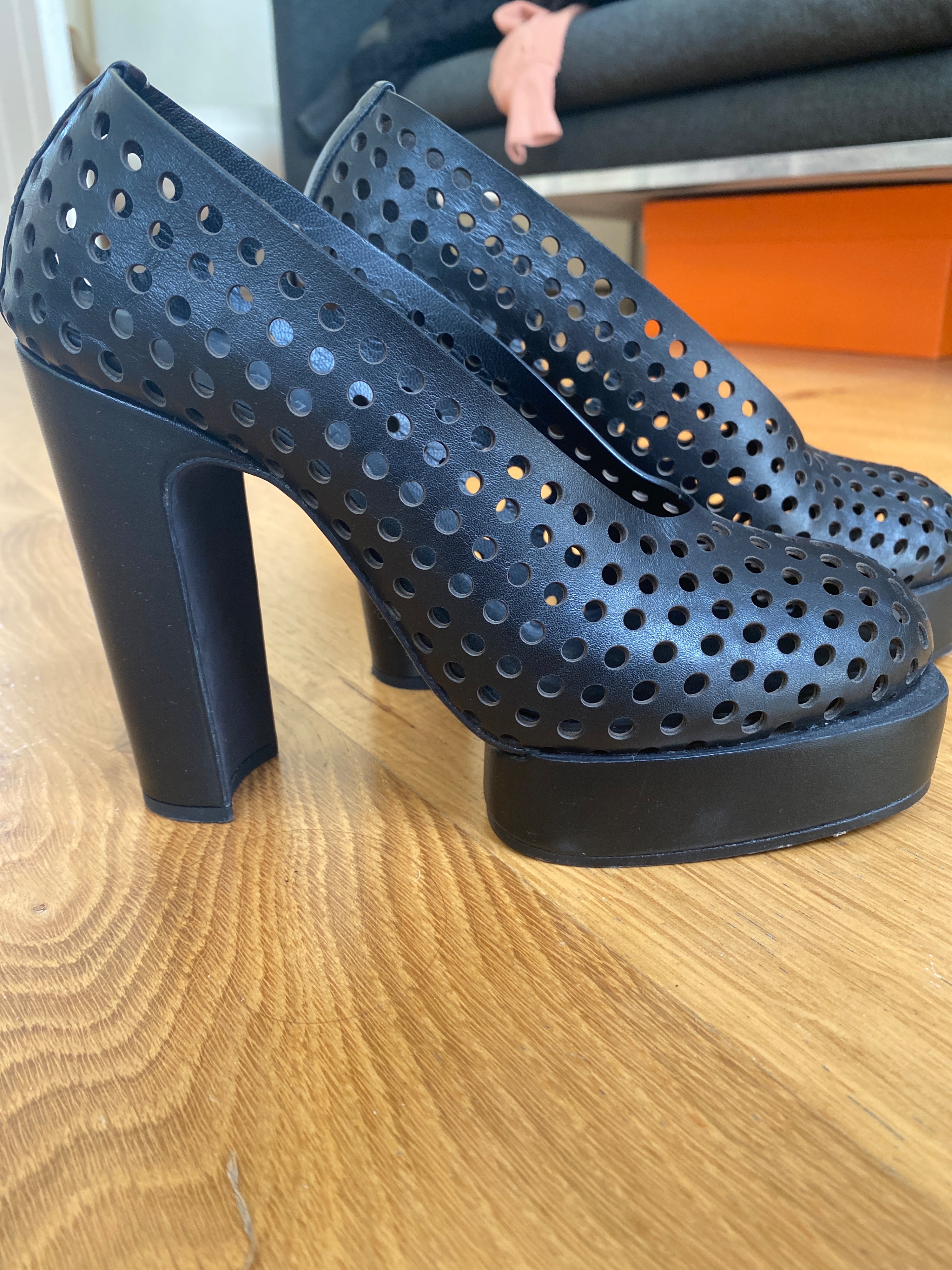 Preowned Jil Sander Black perforated leather platform heeled pumps Size 36