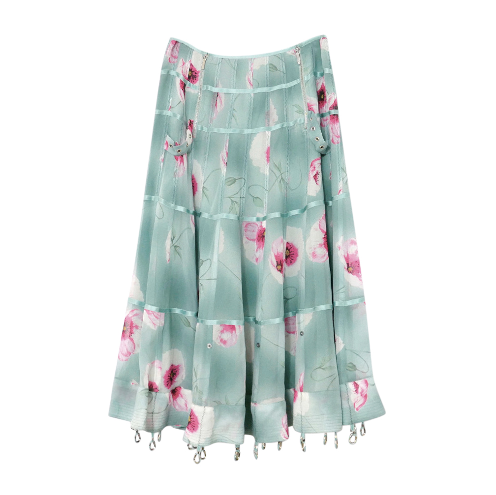 Christian Dior Vintage Green Floral Pleated Skirt Size S silk