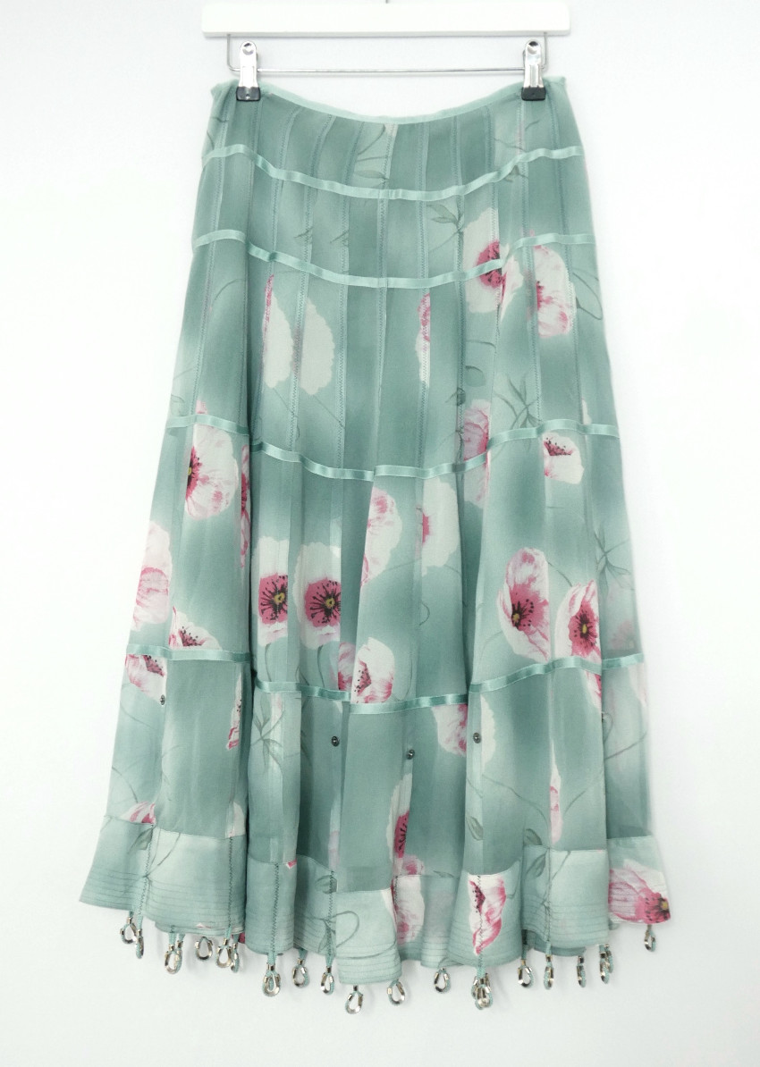 Christian Dior Vintage Green Floral Pleated Skirt Size S silk