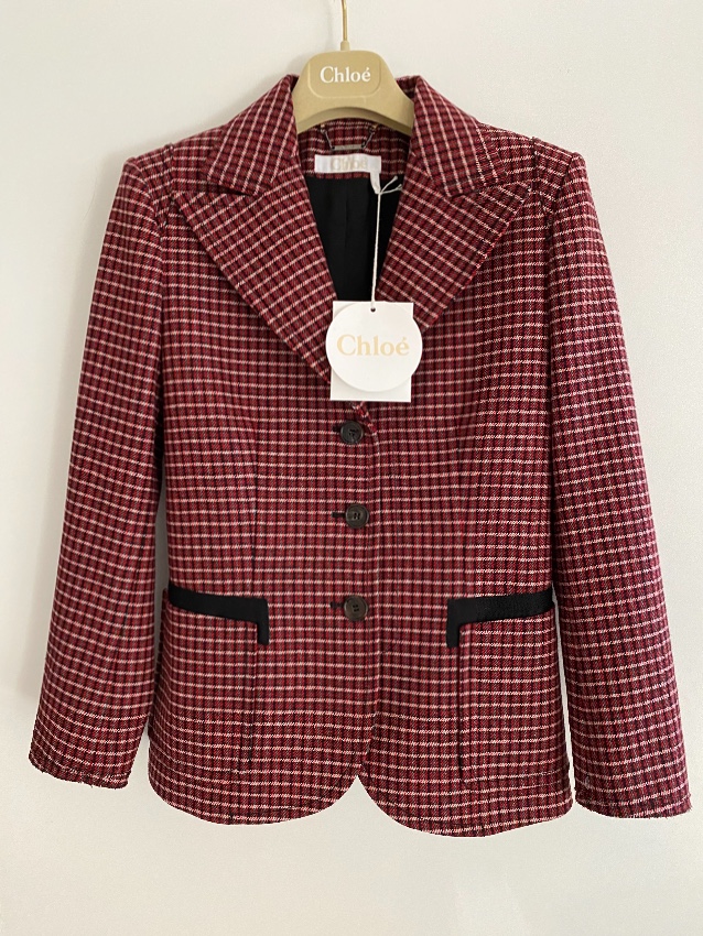 Chloe Red Wool Blend Check Tailored Jacket Size XS