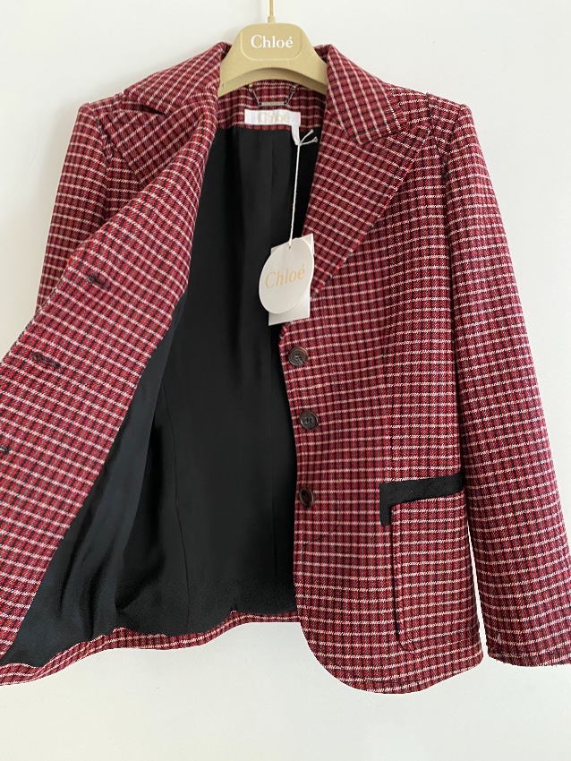 Chloe Red Wool Blend Check Tailored Jacket Size XS