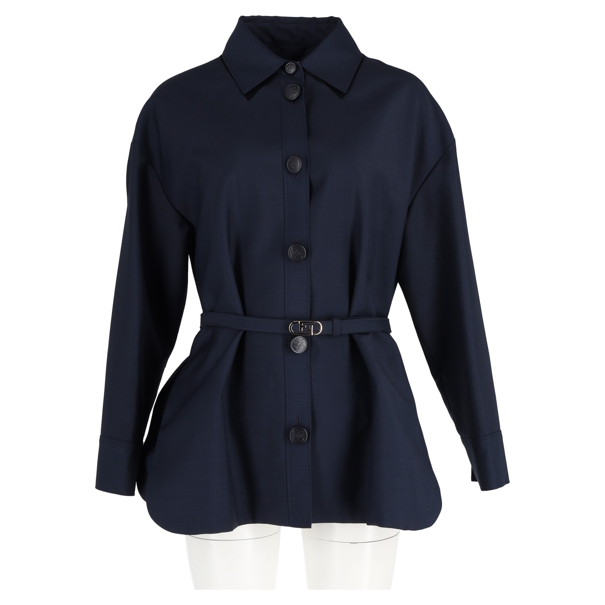 Preowned Fendi Navy Oversized Jacket with FF Belt Size 44 blue | navy blue wool/hair