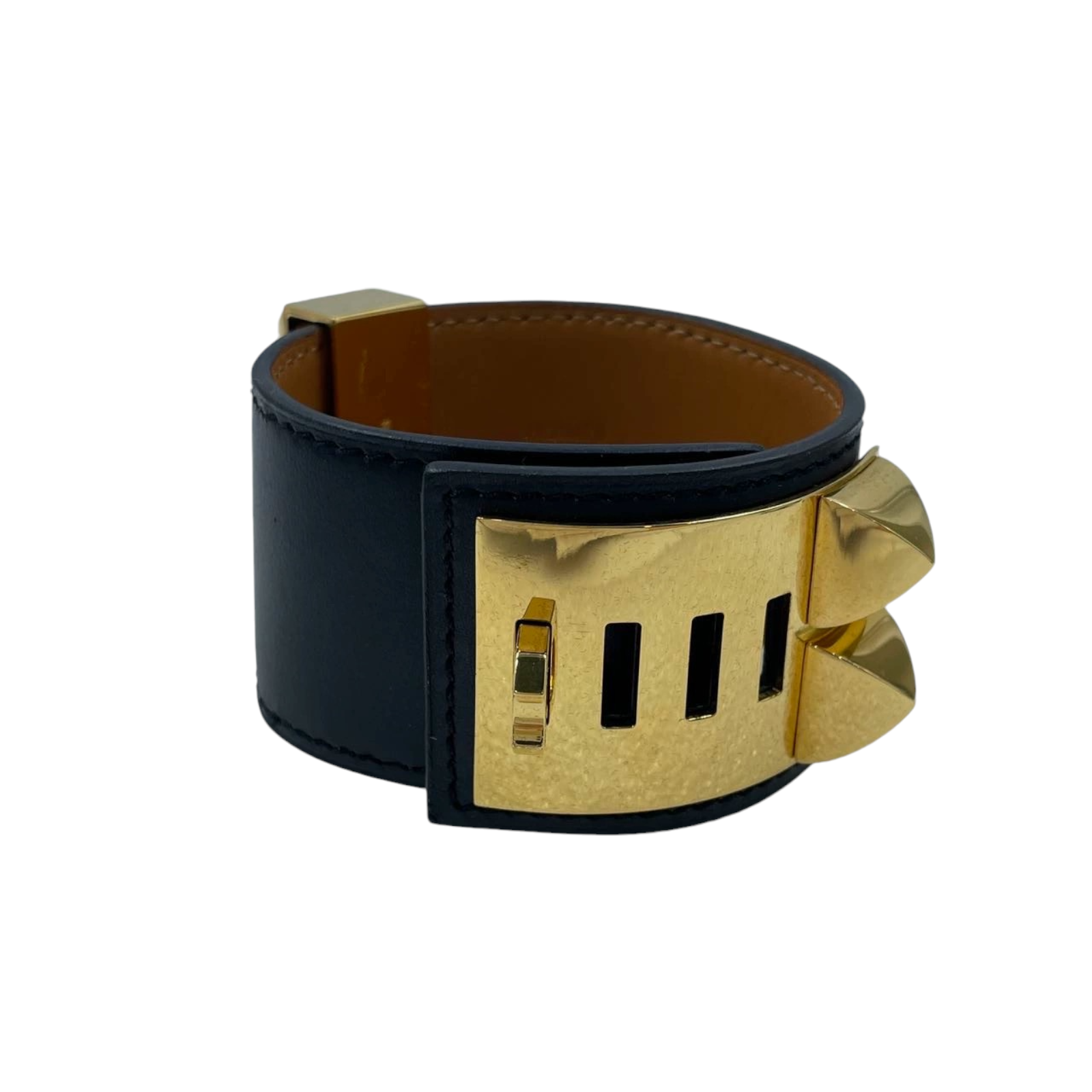 Preowned Hermes Black Collier de Chien Bracelet Size M goldblack leather