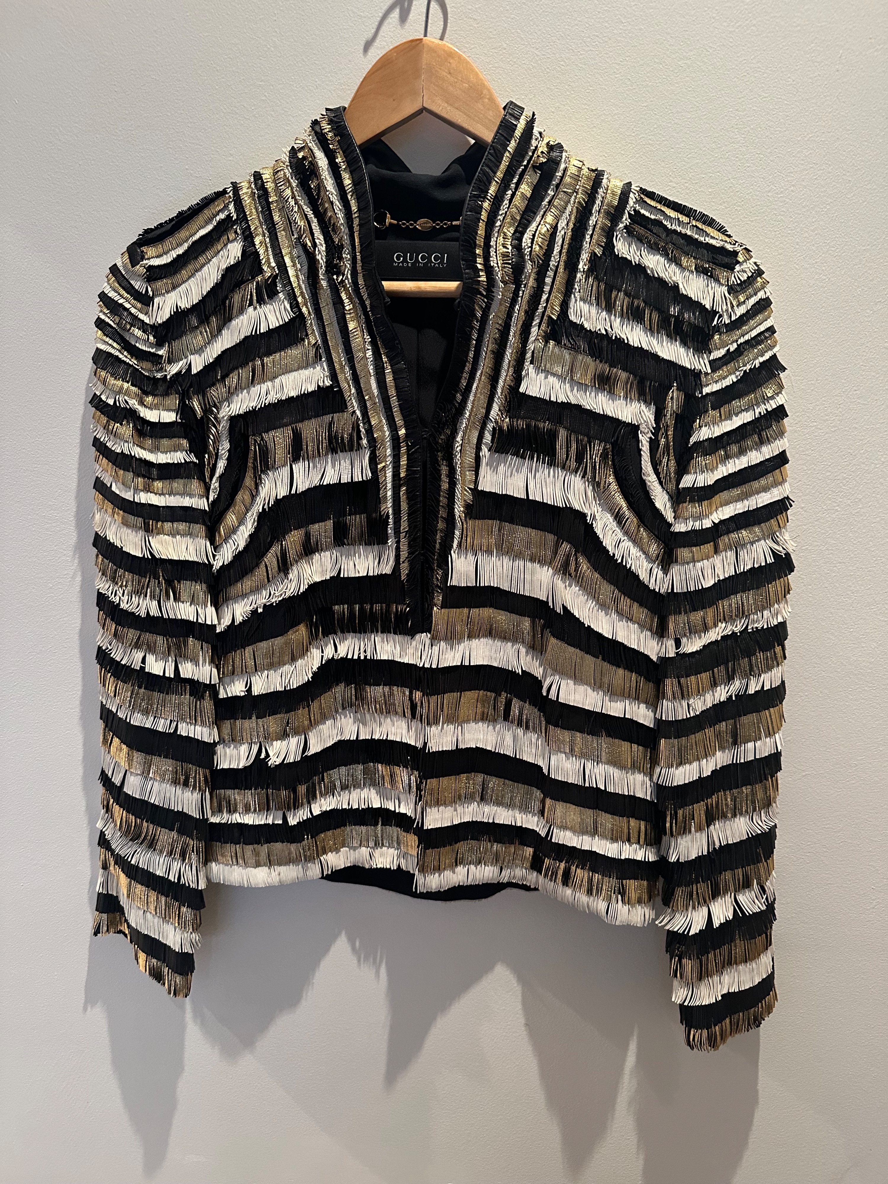 Preowned Gucci Runway Metallic Striped Fringe Jacket Size S Black white and cold leather fringe