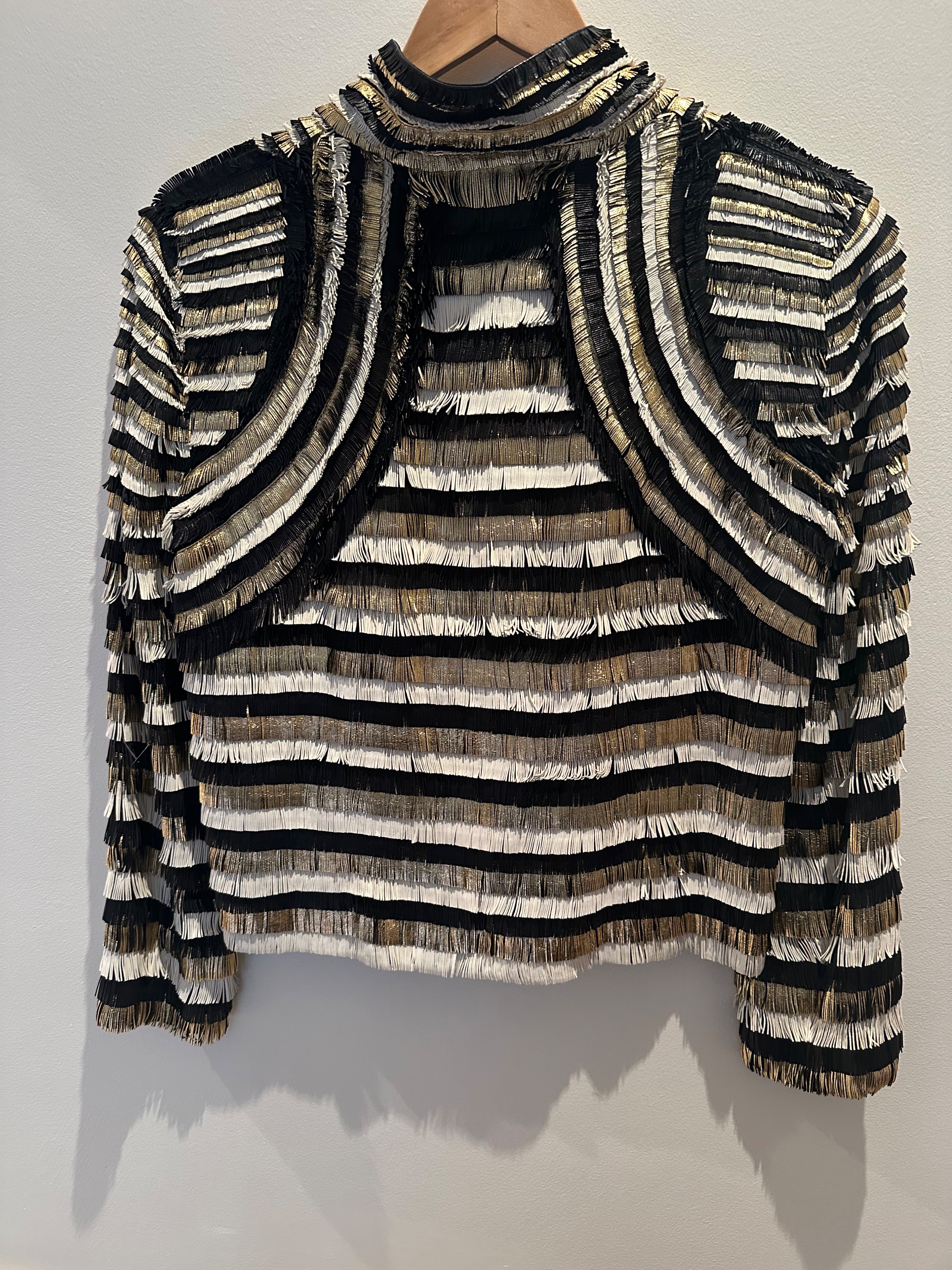 Preowned Gucci Runway Metallic Striped Fringe Jacket Size S Black white and cold leather fringe