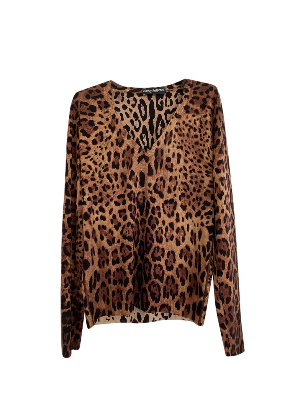 Preowned Dolce  Gabbana Leopard Printed Fine Wool V-Neck Jumper Size 42 Brown, black cashmere