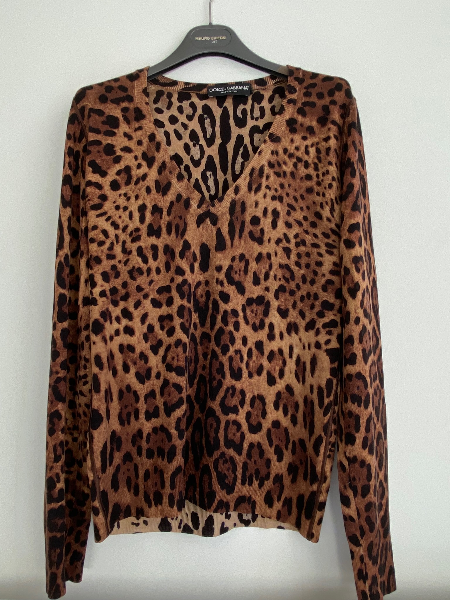 Preowned Dolce  Gabbana Leopard Printed Fine Wool V-Neck Jumper Size 42 Brown, black cashmere