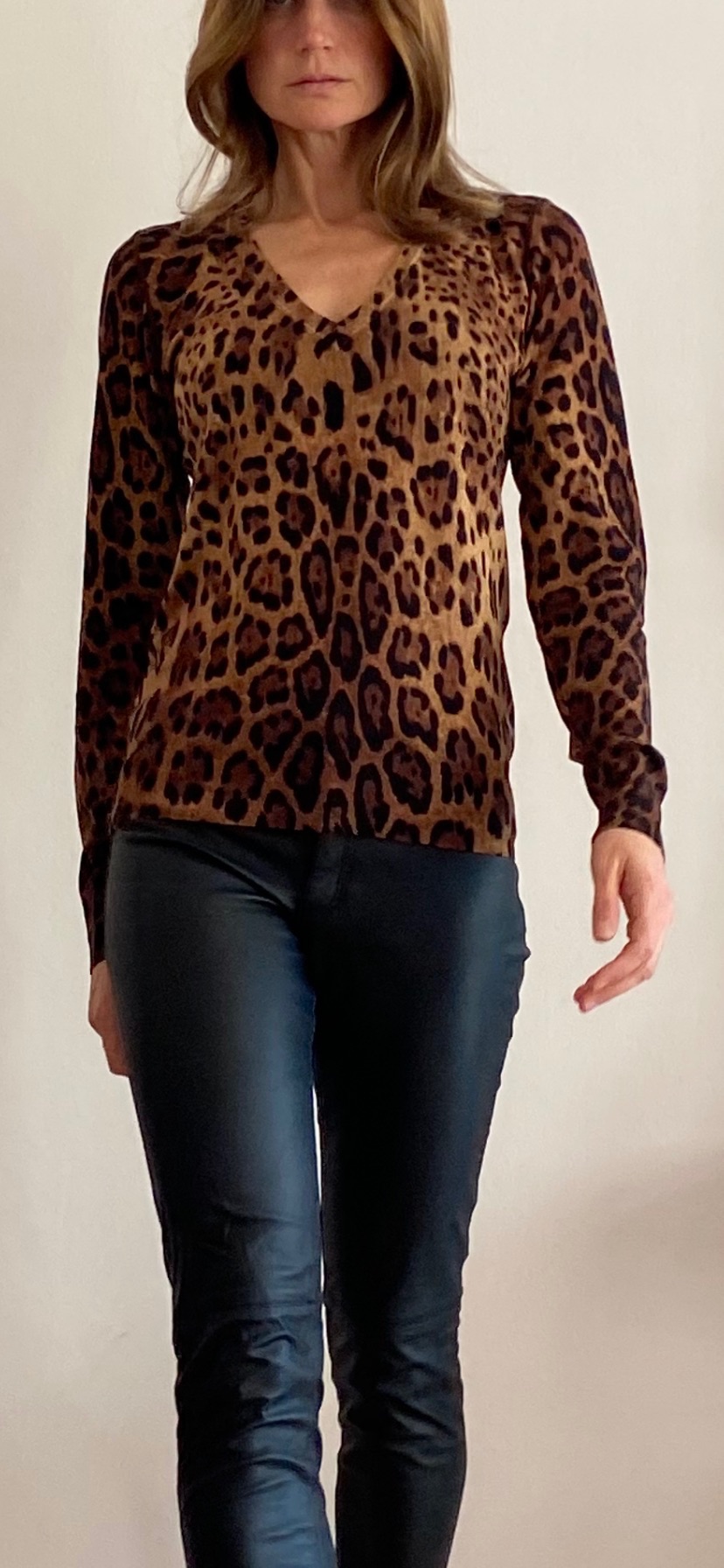 Preowned Dolce  Gabbana Leopard Printed Fine Wool V-Neck Jumper Size 42 Brown, black cashmere