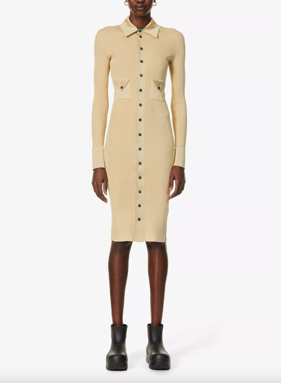 Bottega Veneta Ribbed-Knit Stretch-Silk Shirtdress Size S Beige silk/polyamide/elastane