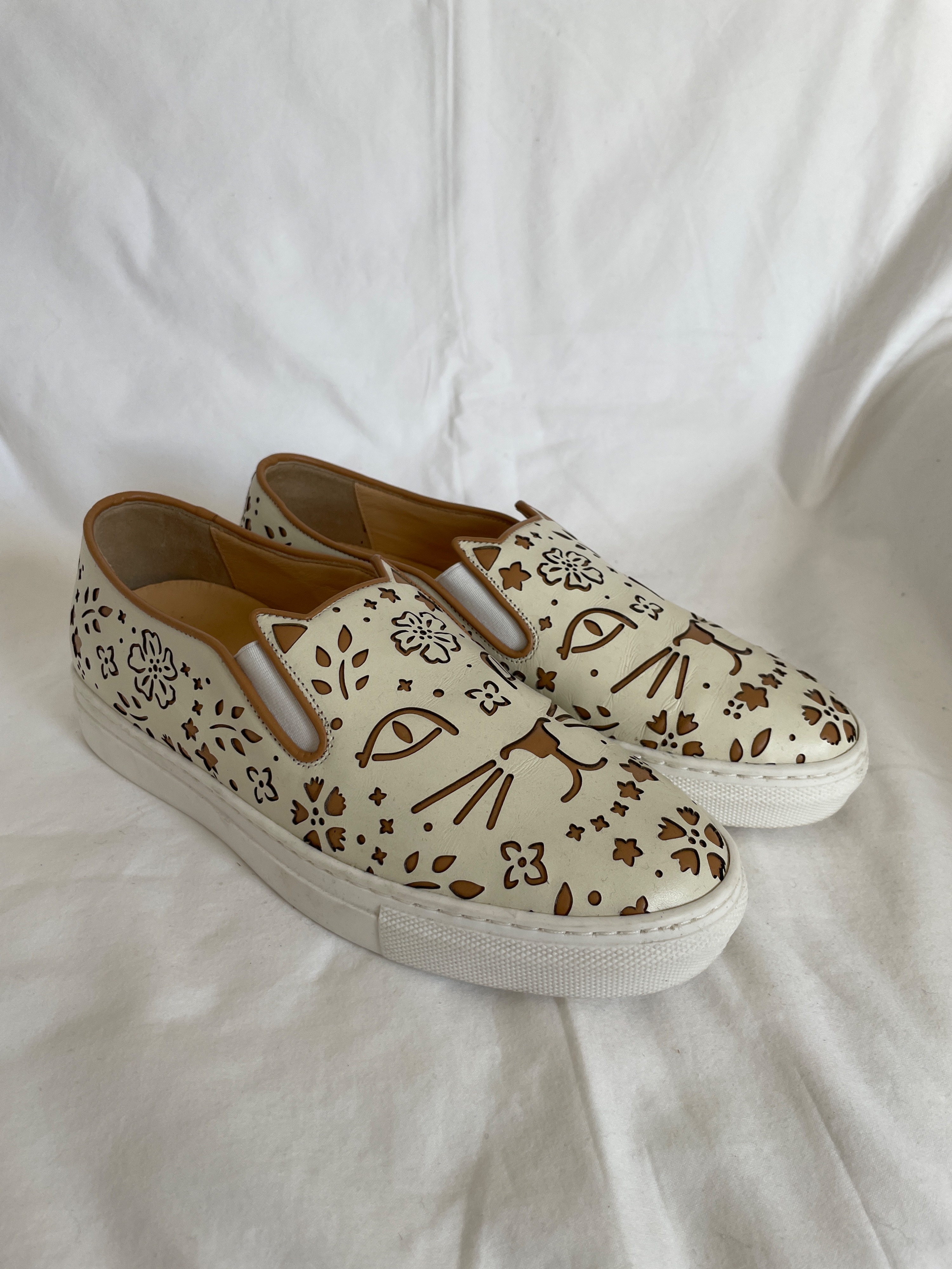 Charlotte Olympia Leather Cool Cats Laser-cut Sneakers Size 365 White