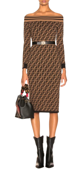 Preowned Fendi Bardot Monogram Midi Dress Size 40 Brown/black knitted