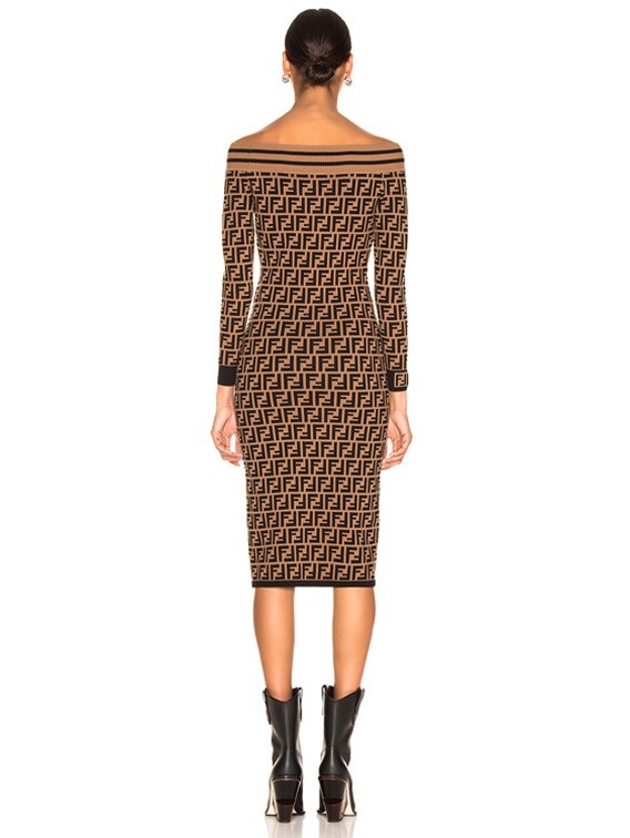 Preowned Fendi Bardot Monogram Midi Dress Size 40 Brown/black knitted