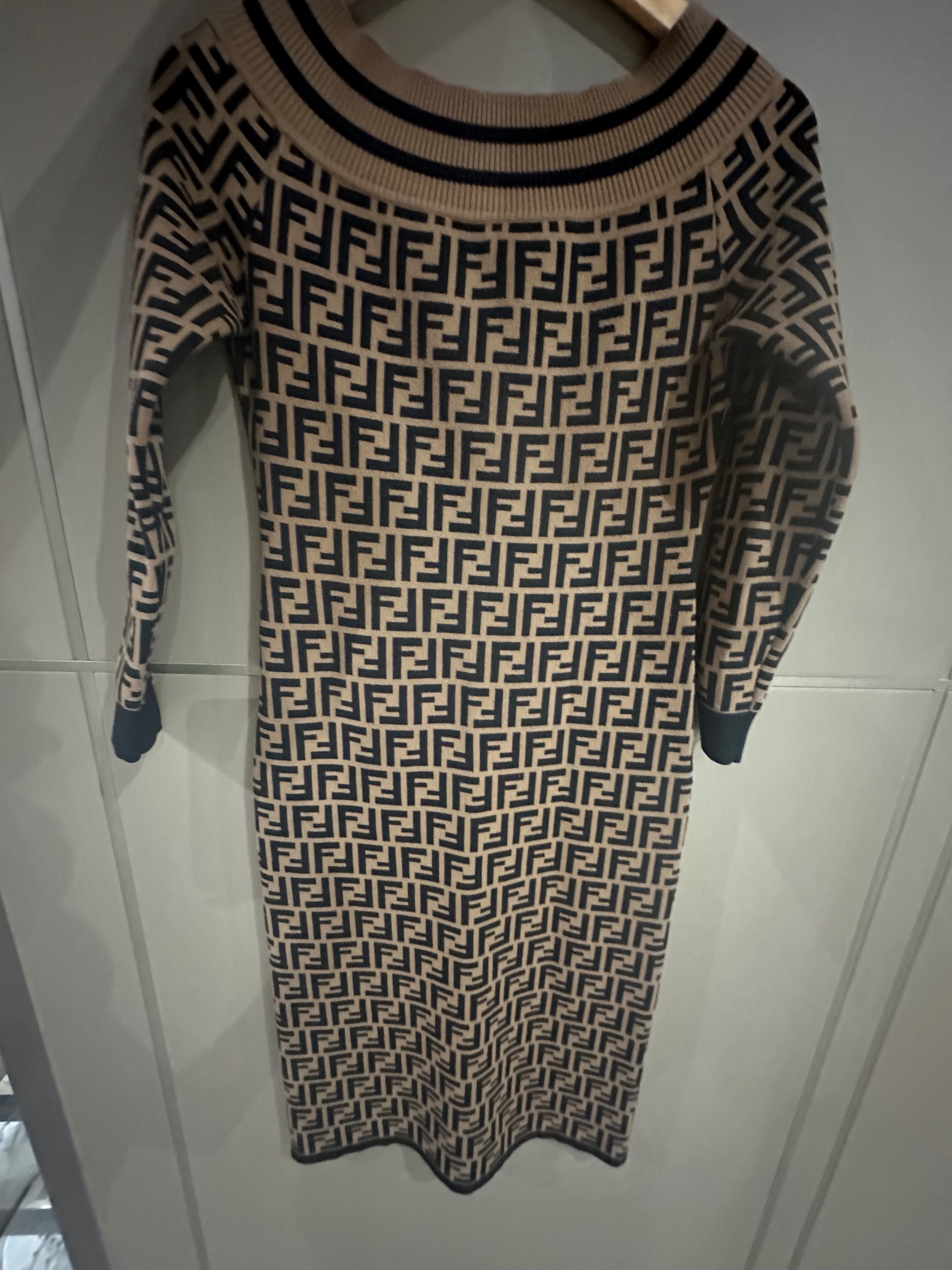 Preowned Fendi Bardot Monogram Midi Dress Size 40 Brown/black knitted